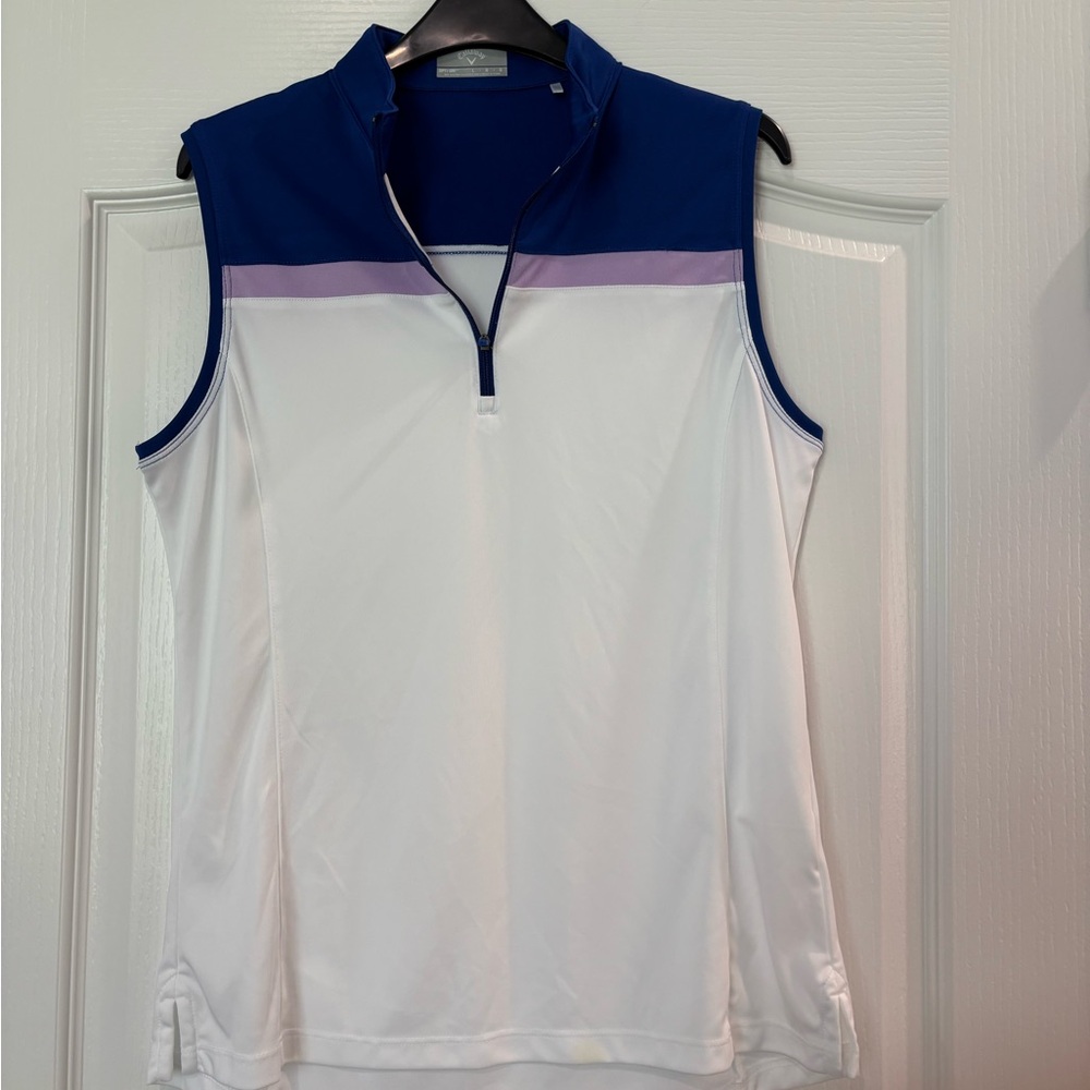 Callaway Opti-Dri Sleeveless Blue and White Top with Lilac Stripe, Size Large